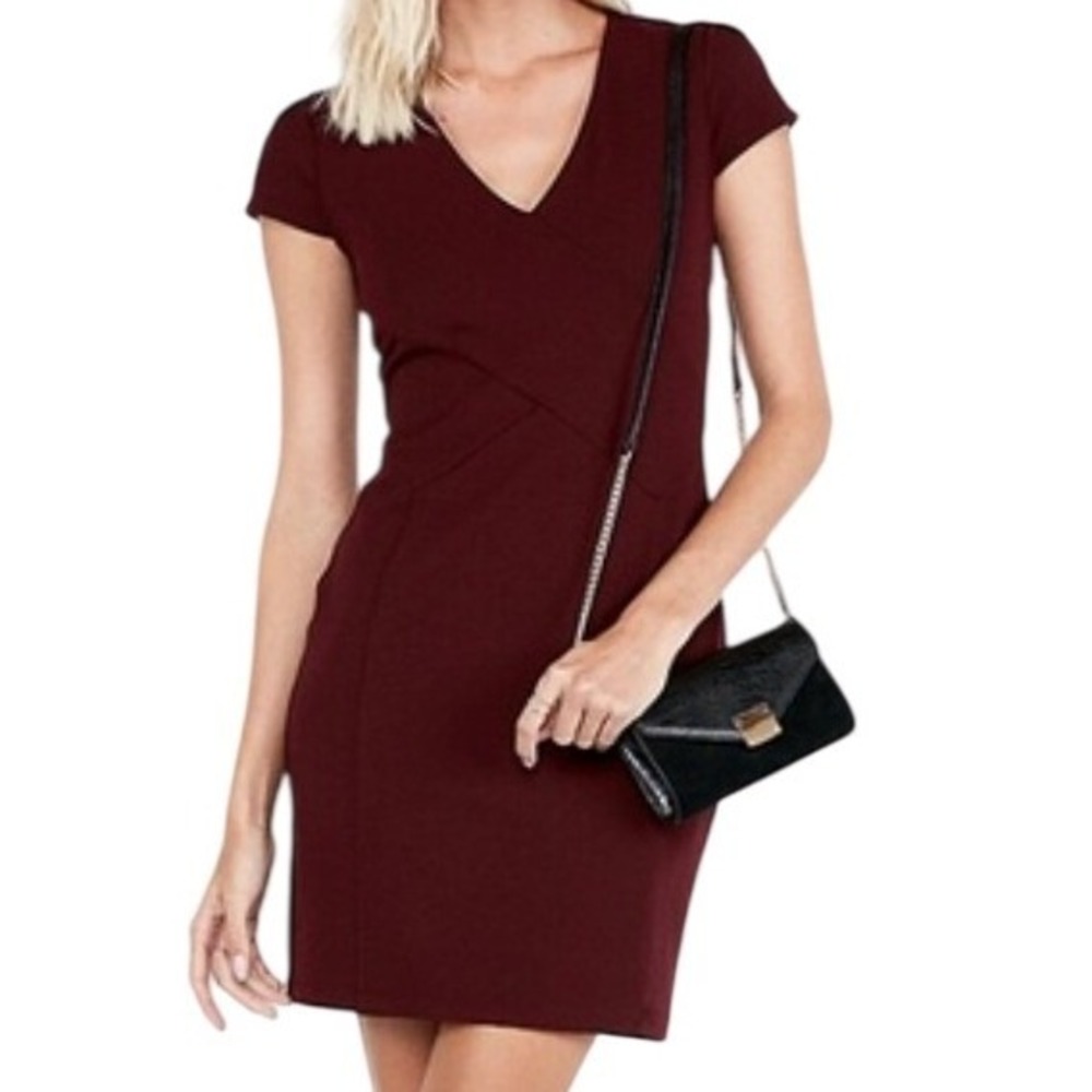 NWT Express Burgundy V Neck Cap Sleeve Sheath Dress Work Cocktail Cross Front XS